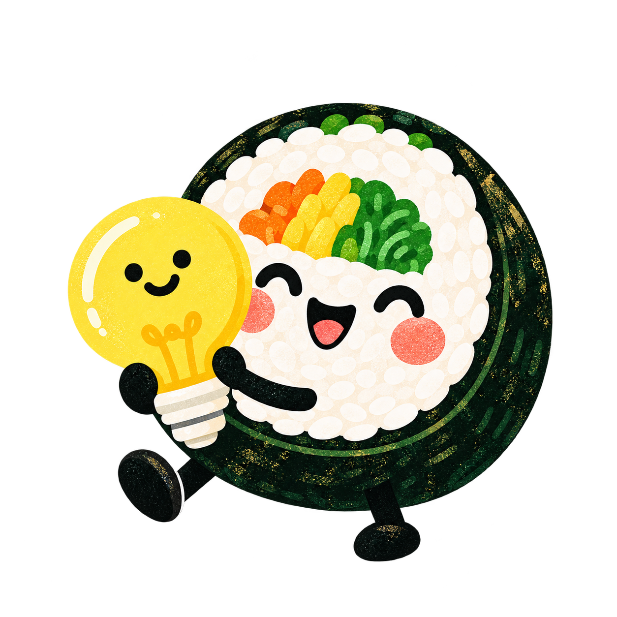 Our rice-roll mascot holds a glowing lightbulb.