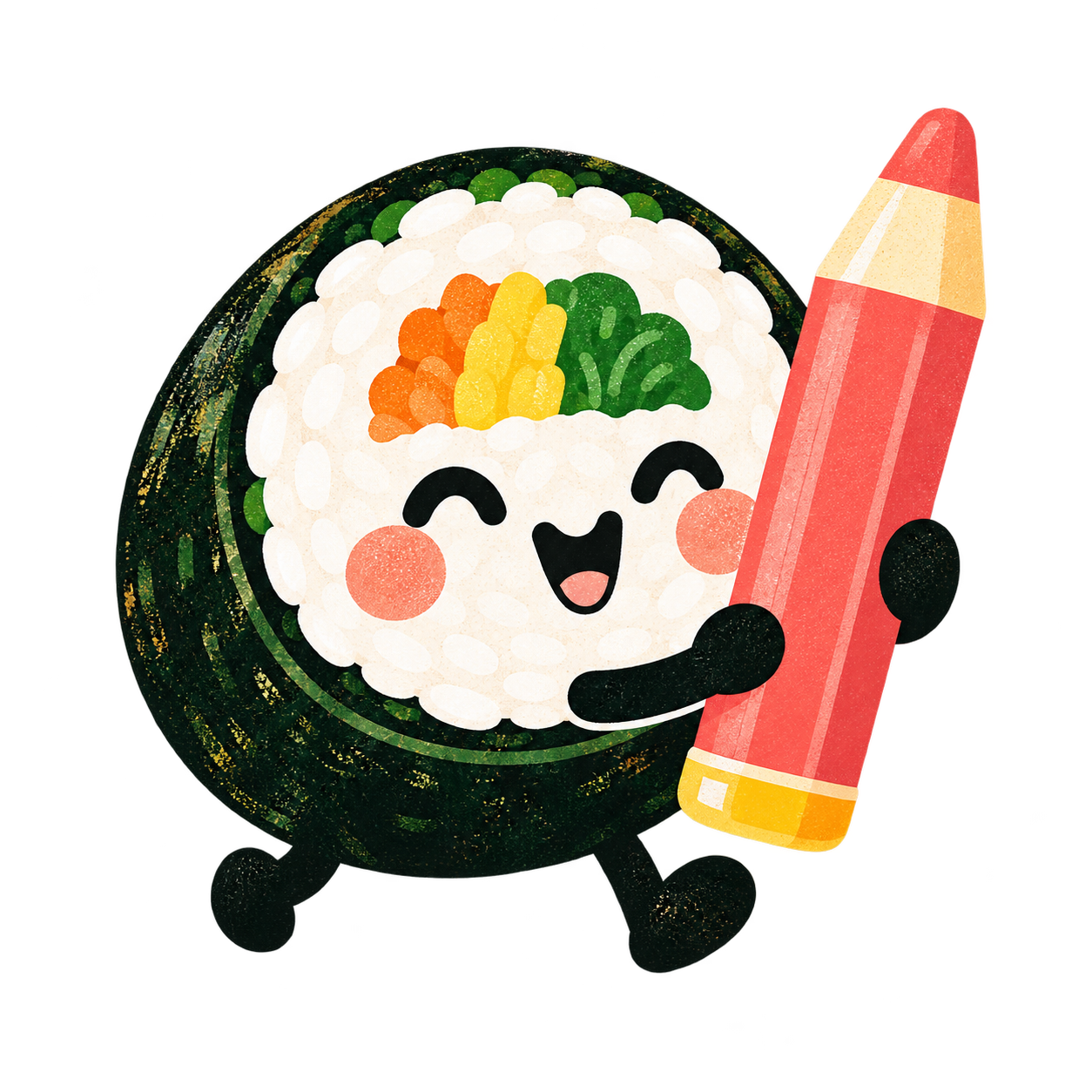 Our rice-roll mascot carries a coral pencil.